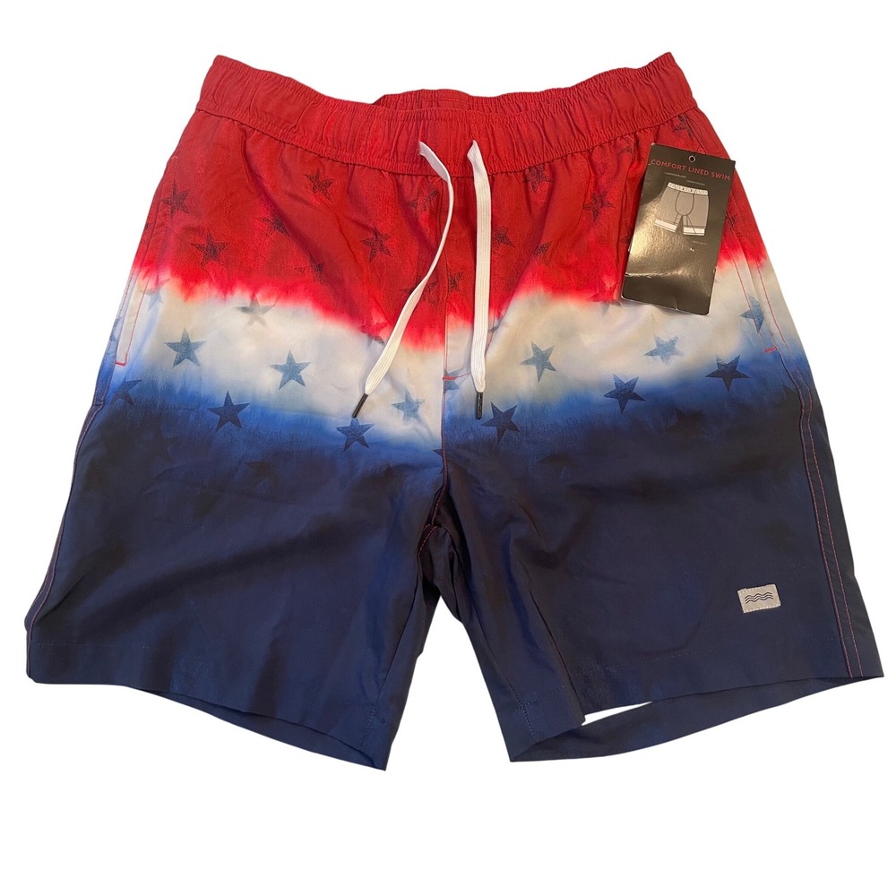 Trunks Surf & Swim Co Mens Medium Red White Blue Tie Dye Americana Star Trunks